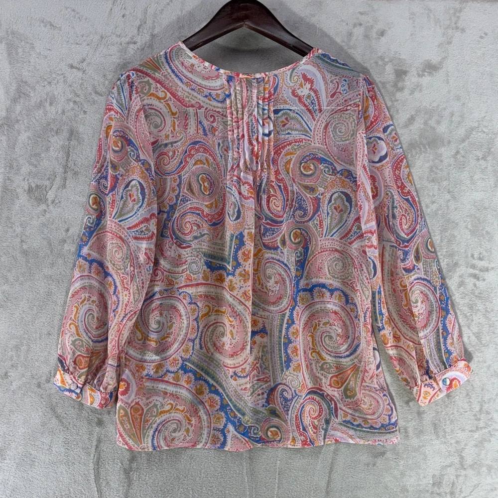Tommy Hilfiger Colorful Paisley V-Neck Sheer Peasant Blouse with Pleats Size S - Picture 6 of 7